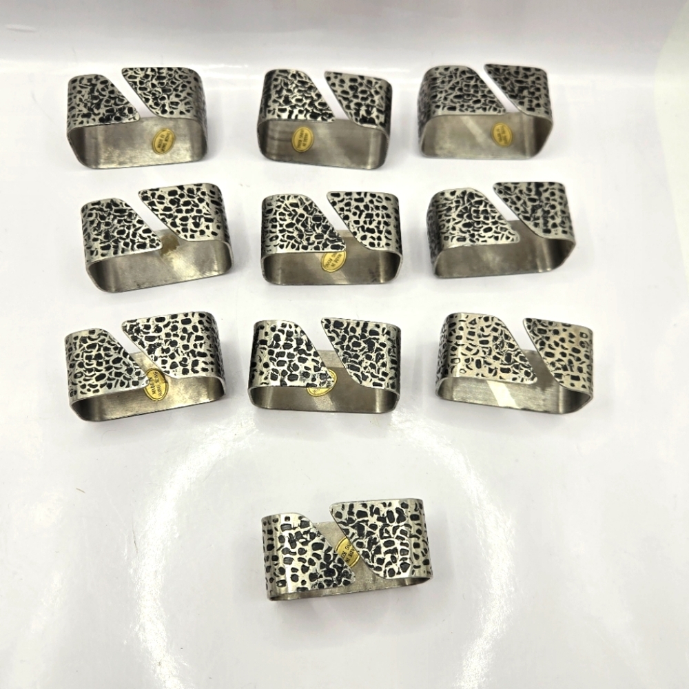 Vtg 10 Brutalist Napkin Rings Holders Textured Silver Black Rectangle Stainless